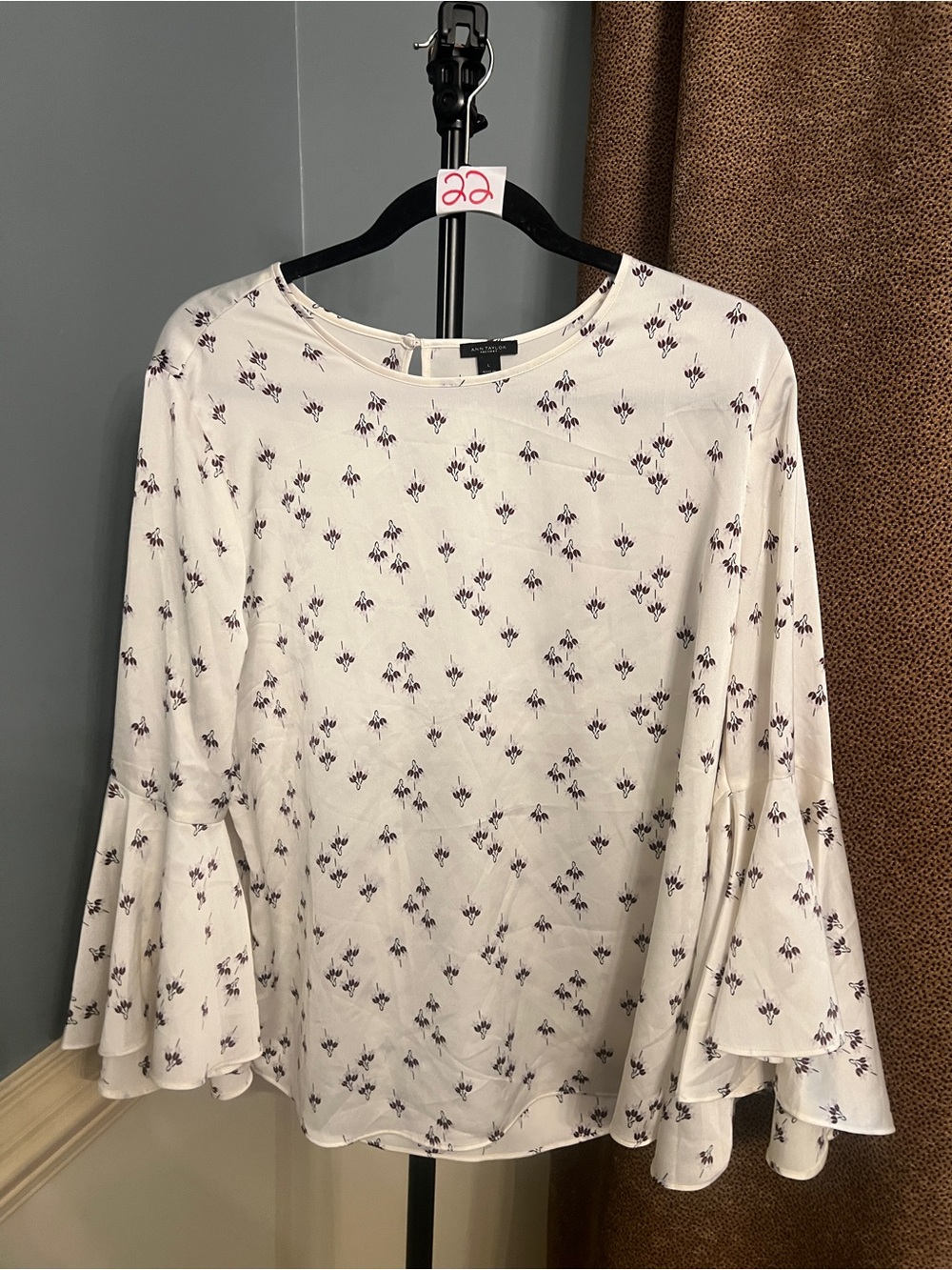Ann Taylor Cream Blouse with Purple Floral Print and Bell Sleeves